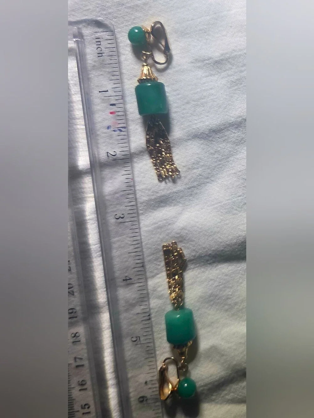Vintage Green Earrings Lot, 1960s Faux Jade Pearl Drops + 1970s Gold Tassel